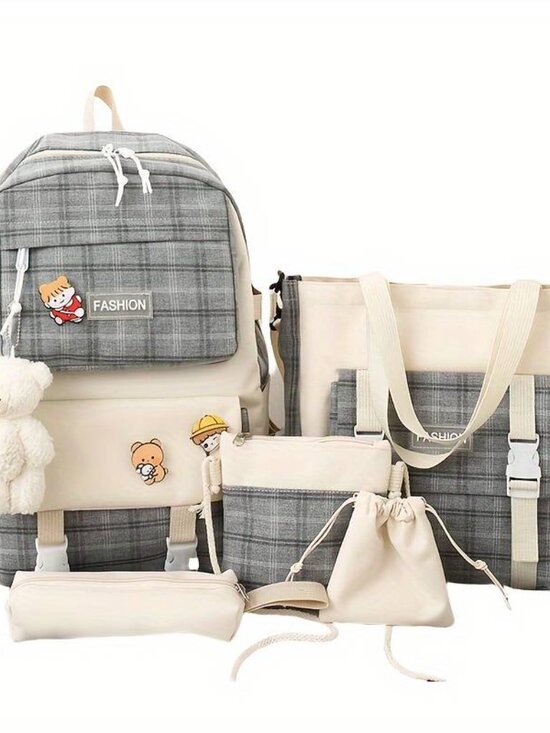 Large Capacity Cartoon Canvas Five Piece School Bag Set with Cosmetic Bag, main image 6